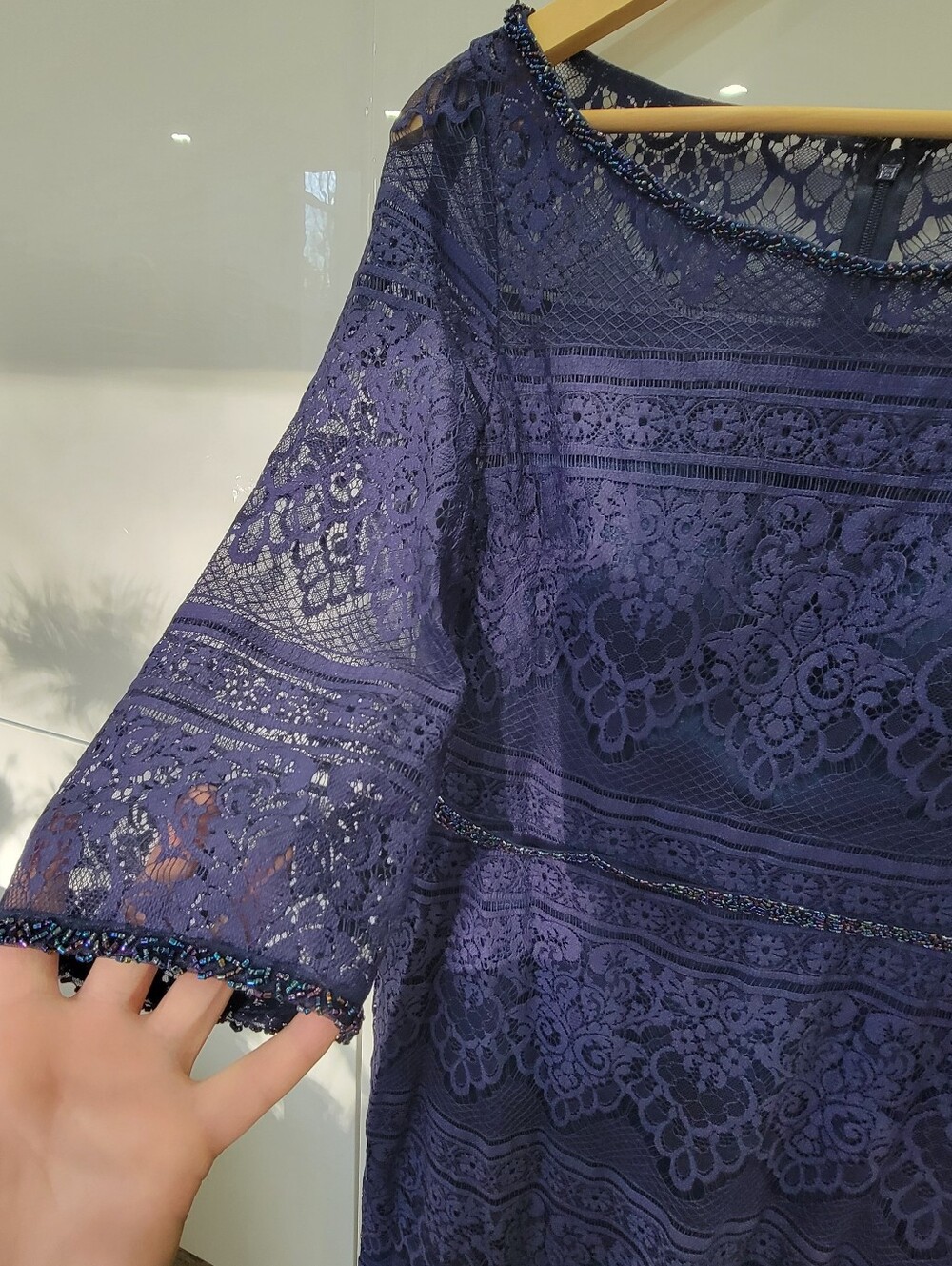Social Occasions by Mon Cheri Navy Lace Midi Dress Beaded Wedding Guest Size 12 - Picture 13 of 17